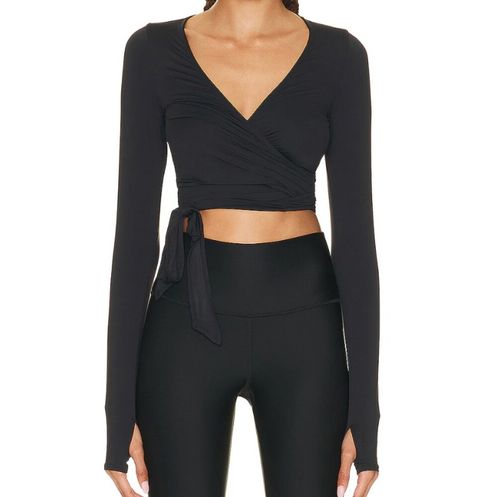 Alo Escalate Long Sleeve Wrap Crop Top Small Black